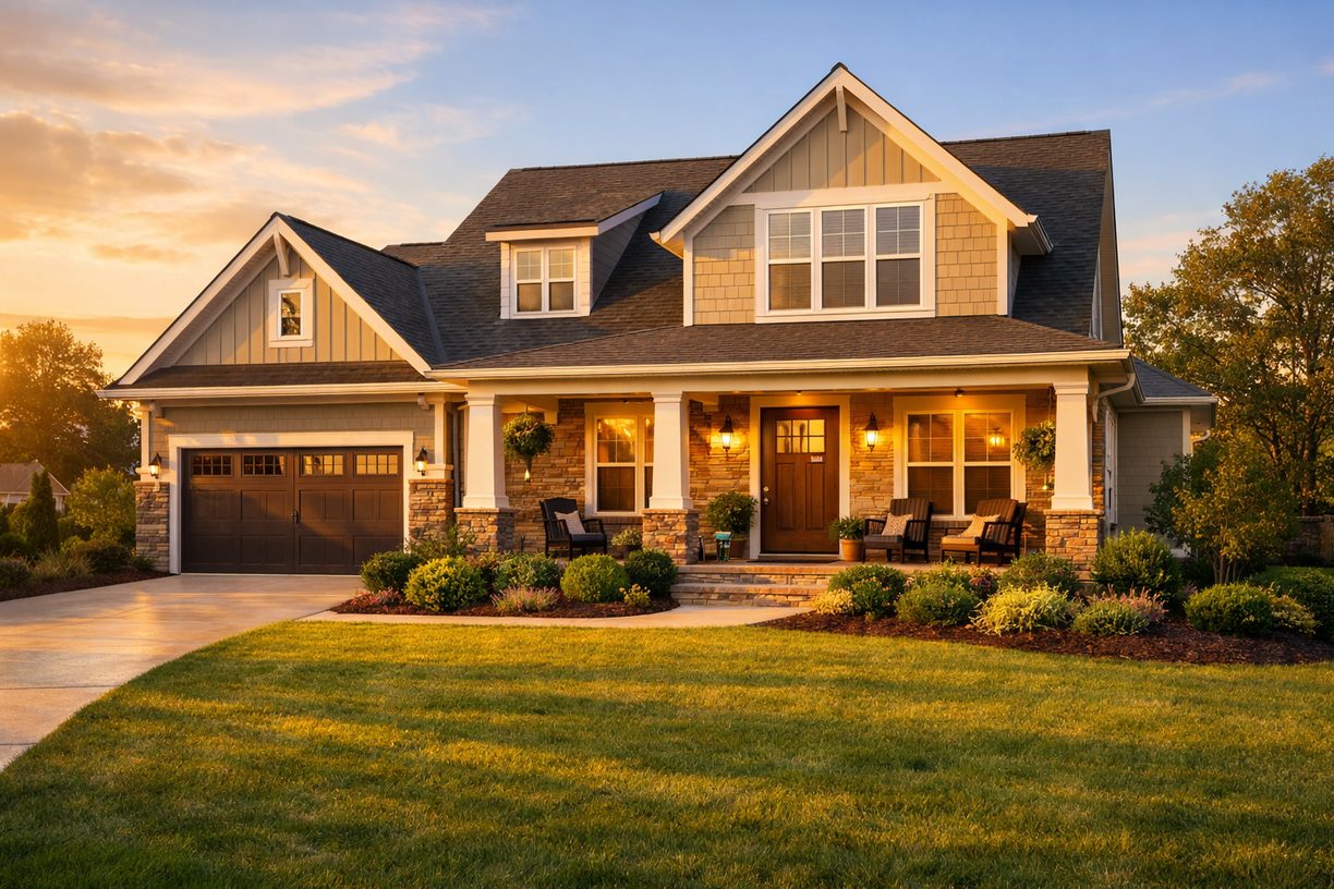 Beautiful modern home at golden hour with warm lighting